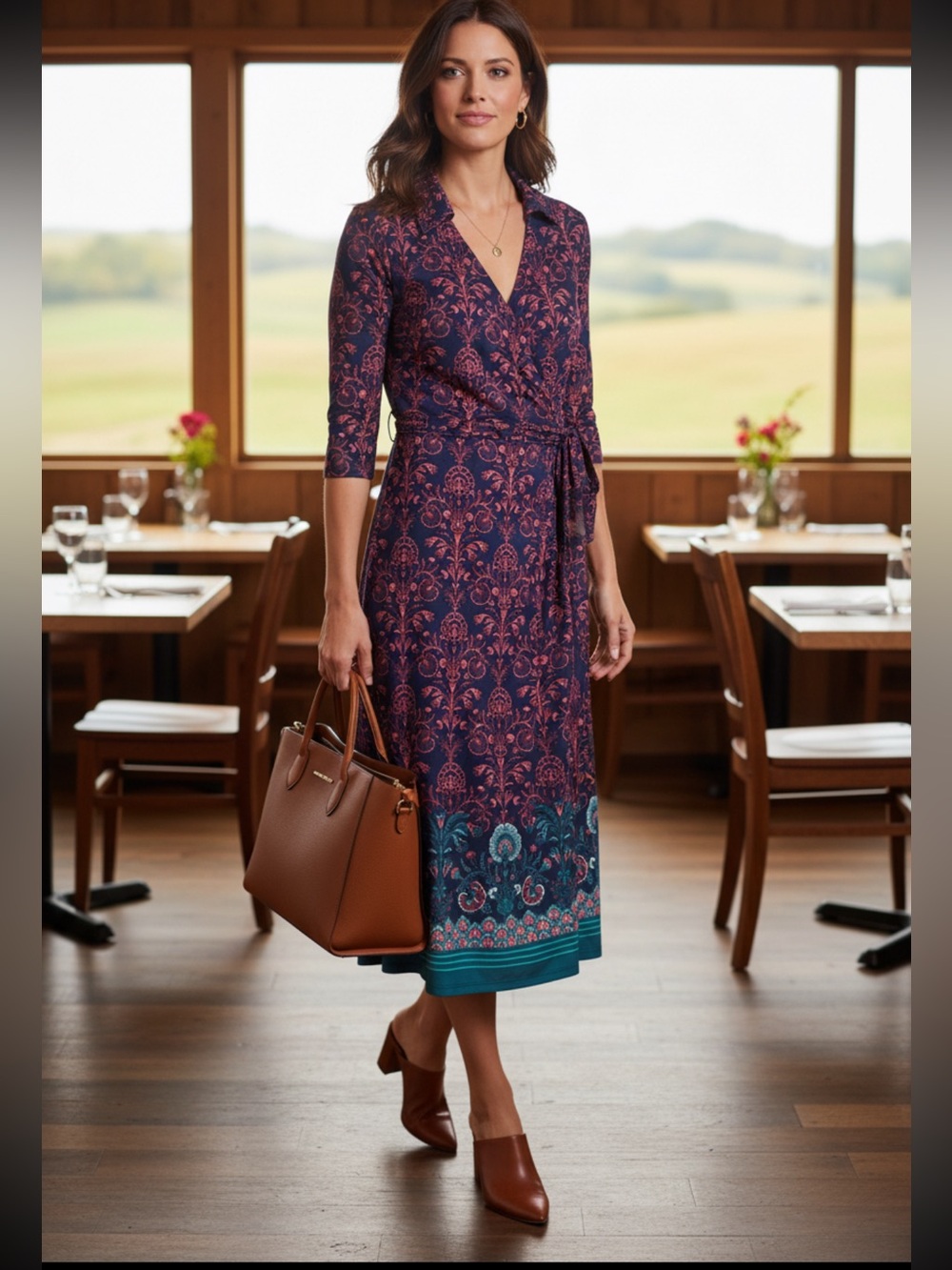 Talbots Effortless Jersey Kelly Navy and Multi Colored Faux Wrap Dress
